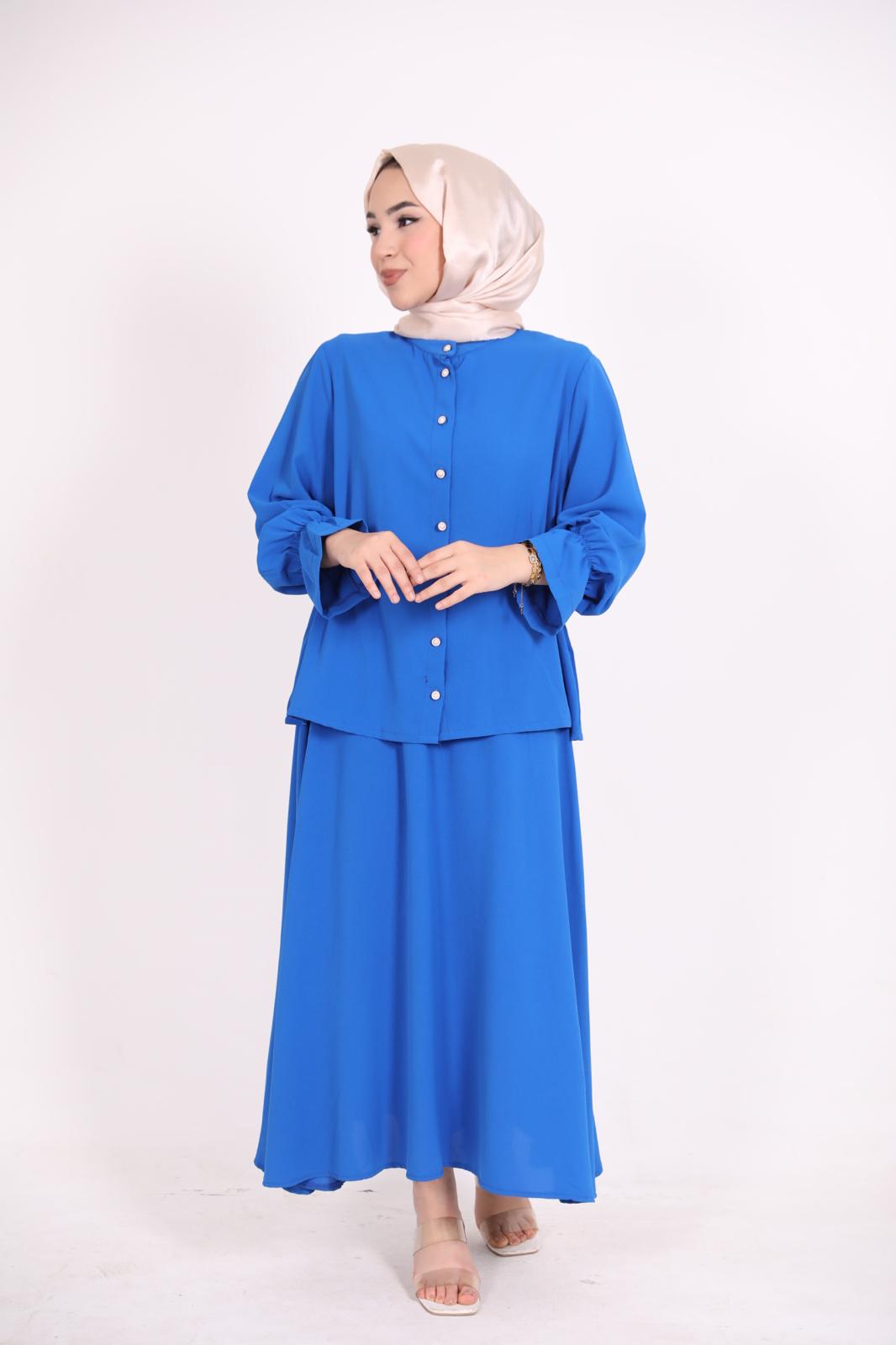 Blue Suit with Gathered Waist Skirt