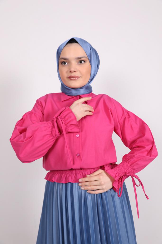 Sleeve and Waist Gathered Blouse Pink