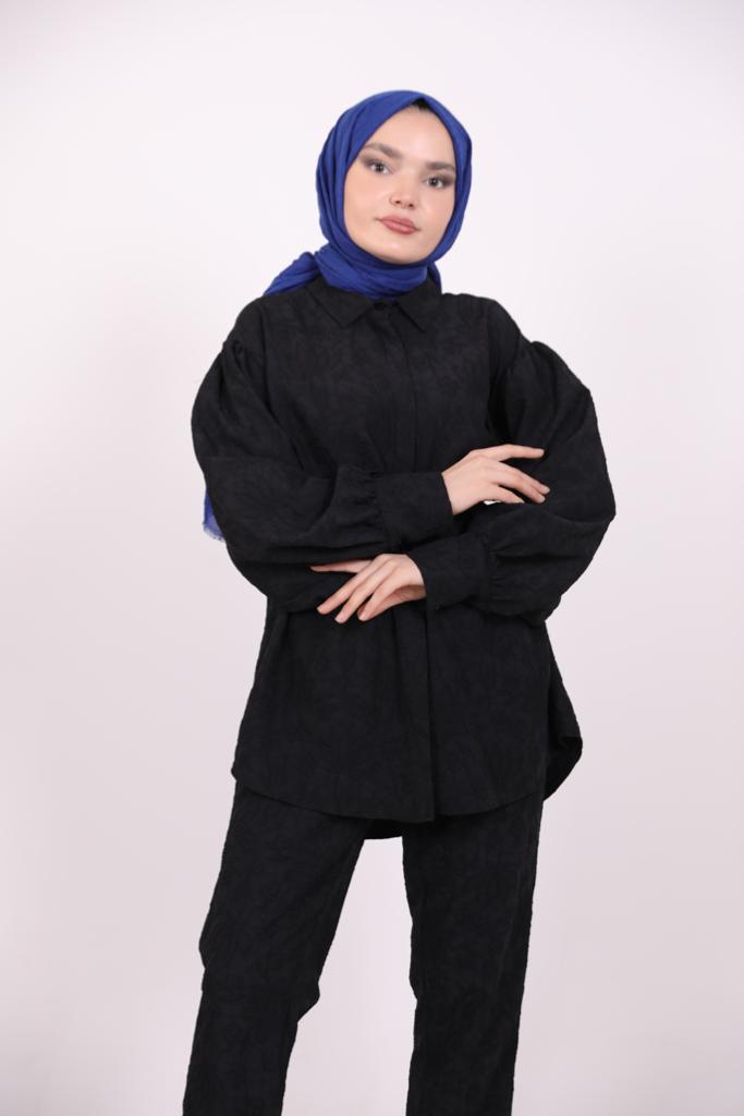 Embossed Belted Double Suit Black