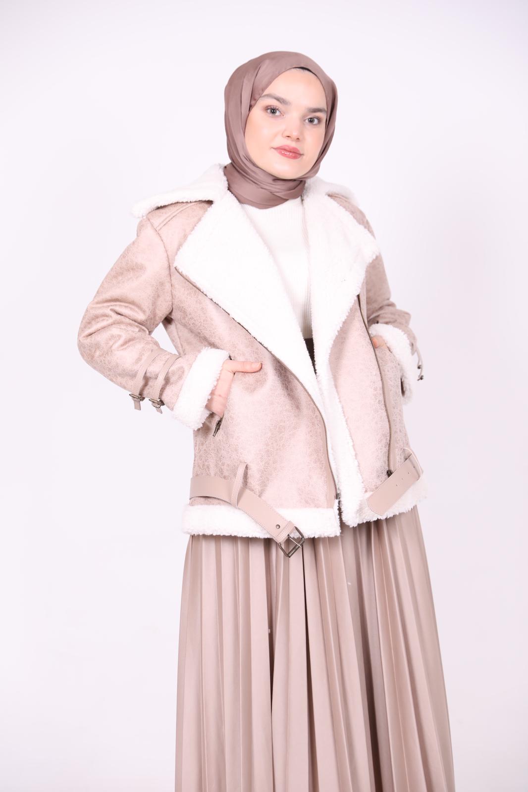 Belted Hem Zara Model Leather Fur Coat Beige
