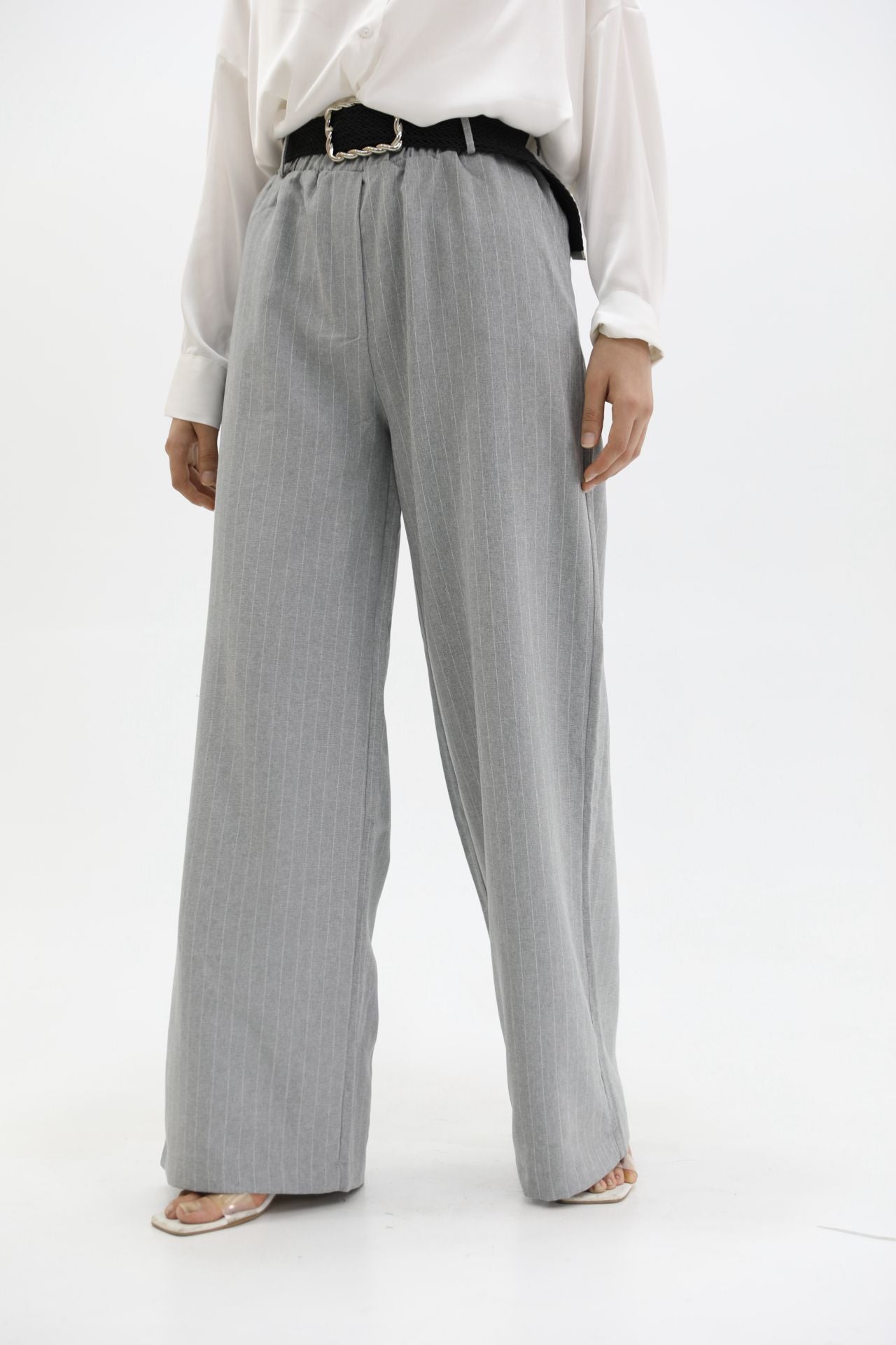 Belted Striped Trousers Gray