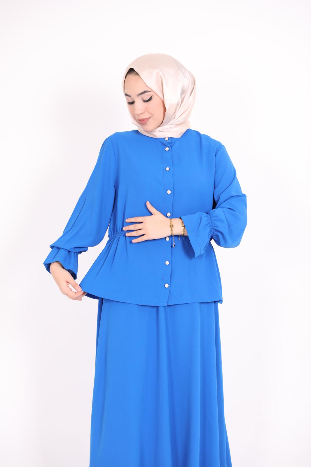 Blue Suit with Gathered Waist Skirt