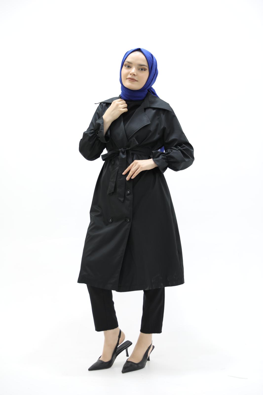 Black Trench with Slit Detail and Elastic Sleeves