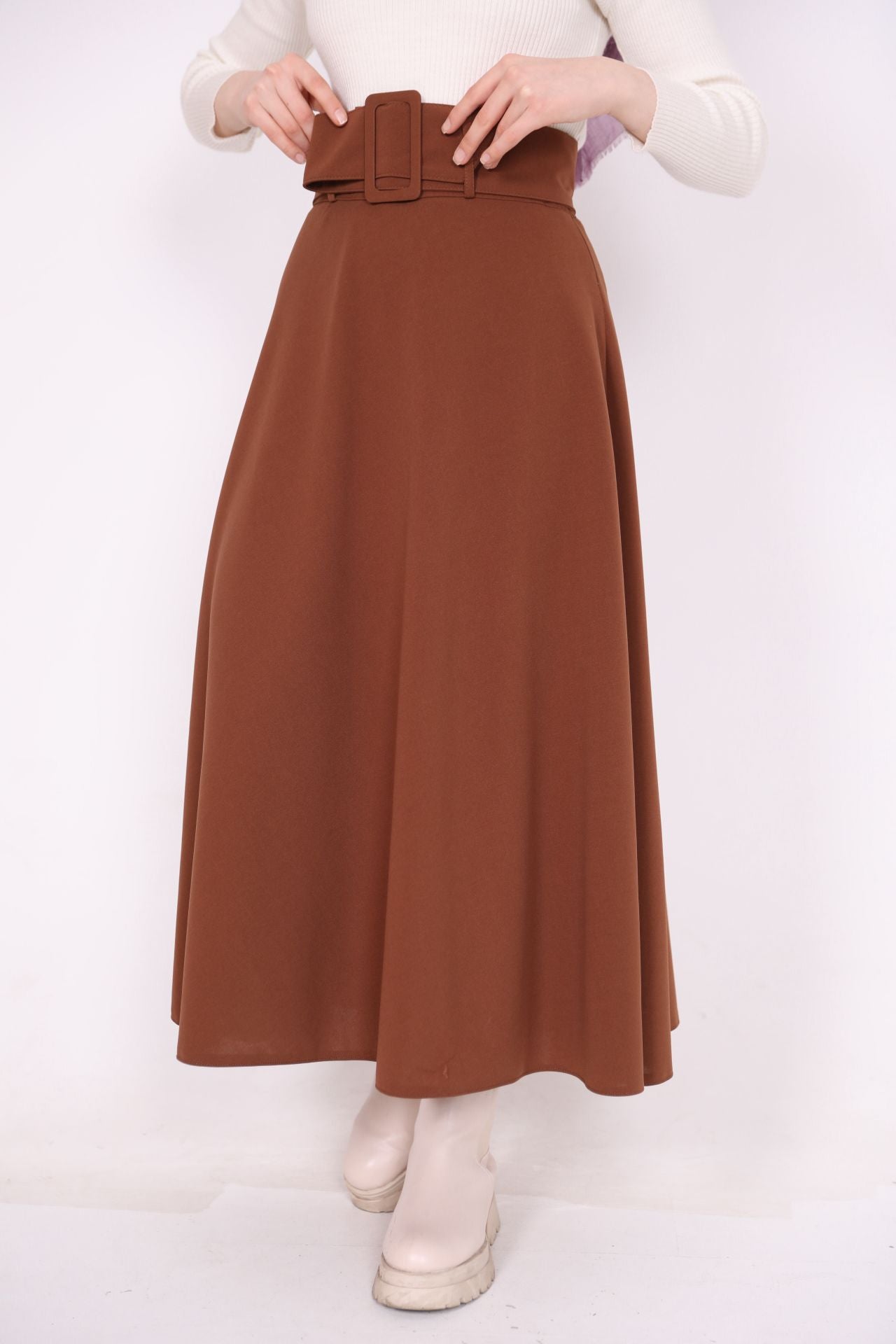Belted Crepe Fabric Kiloş Skirt Brown