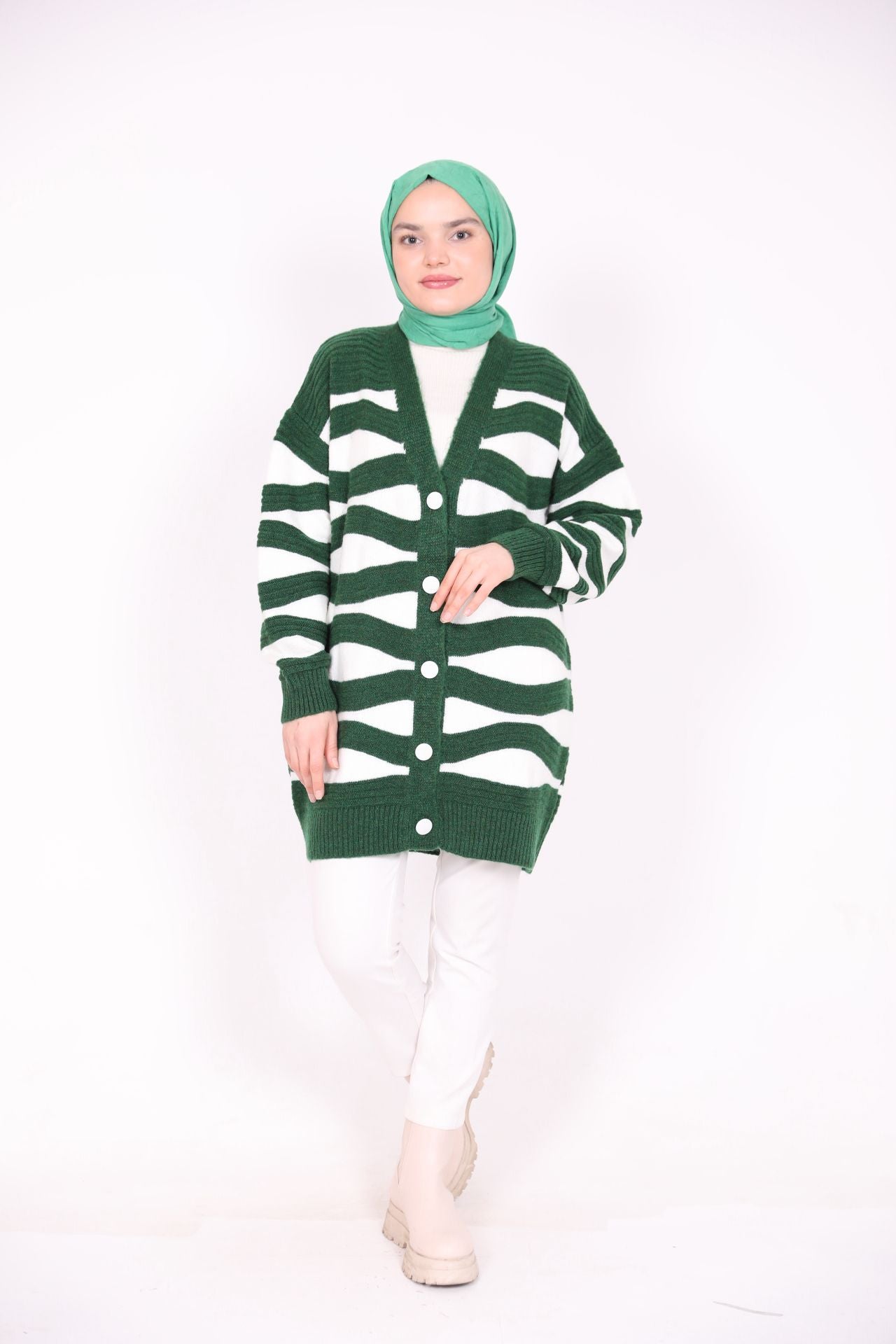 Wide Striped and Buttoned Cardigan Green