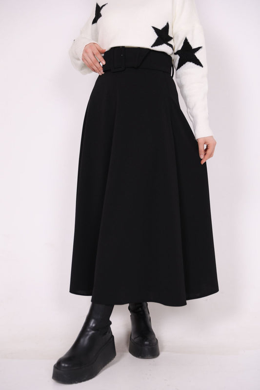 Belted Crepe Fabric Kilos Skirt Black