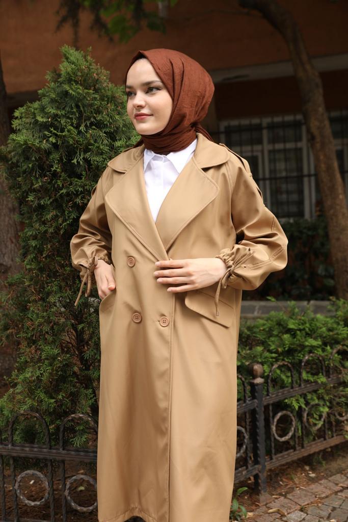 Oversize Camel Trench with Tied Sleeves