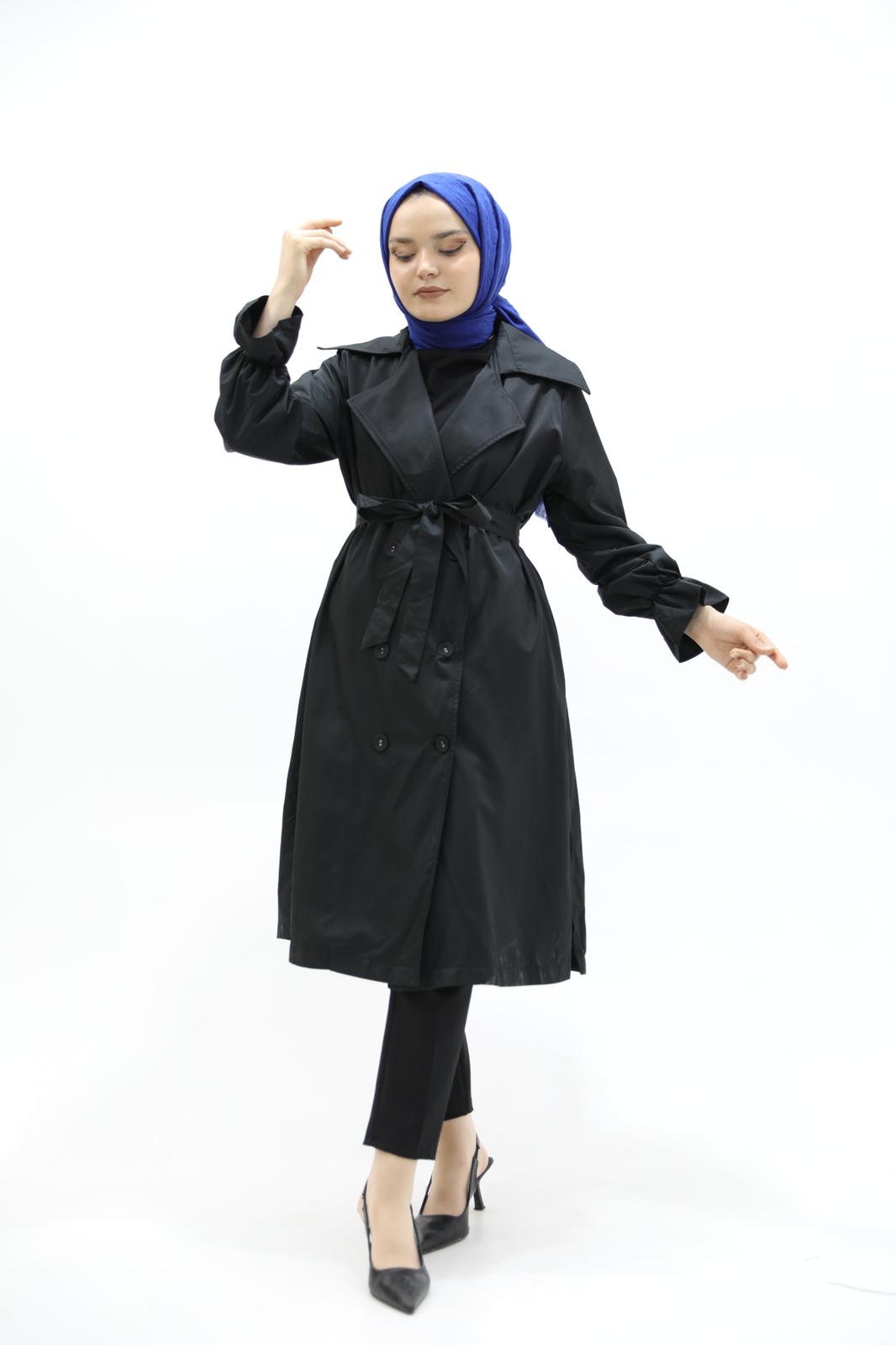 Black Trench with Slit Detail and Elastic Sleeves