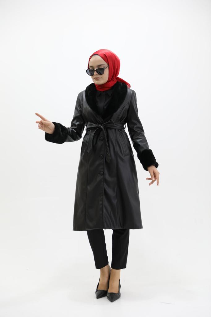 Leather Cap with Fur Sleeves and Collar Black