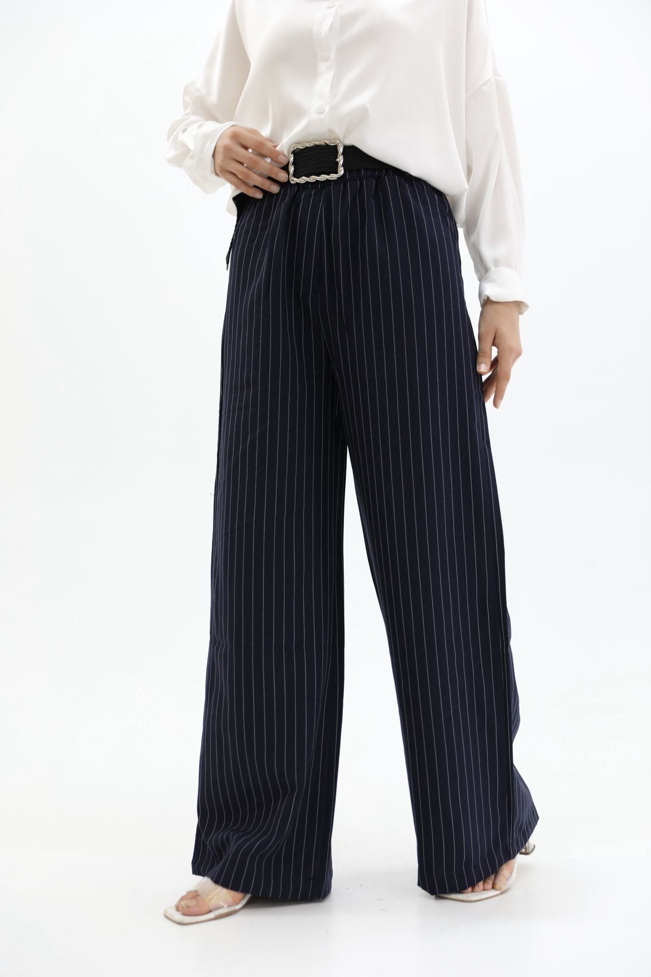 Belted Striped Trousers Navy Blue