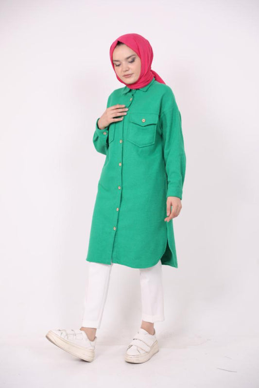 Double Pocket Buttoned Long Cuff Shirt Green