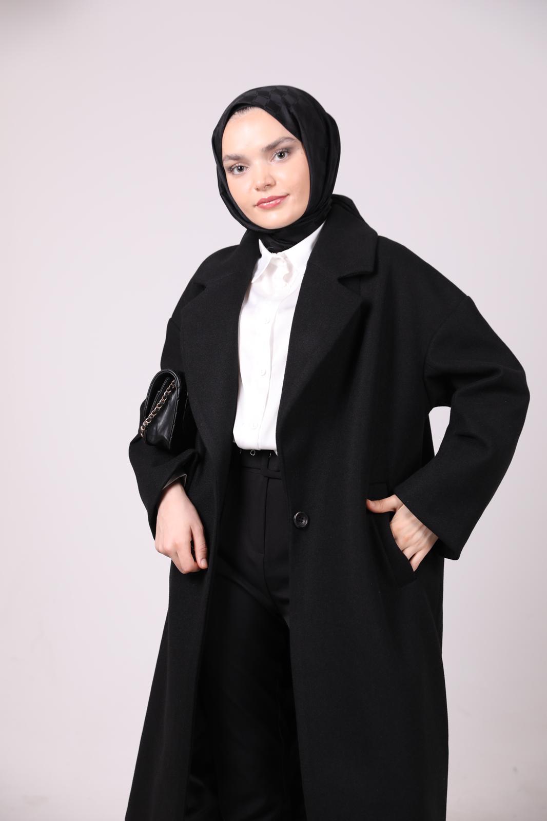 Oversized Coat with Pleated Sleeve Detail Black