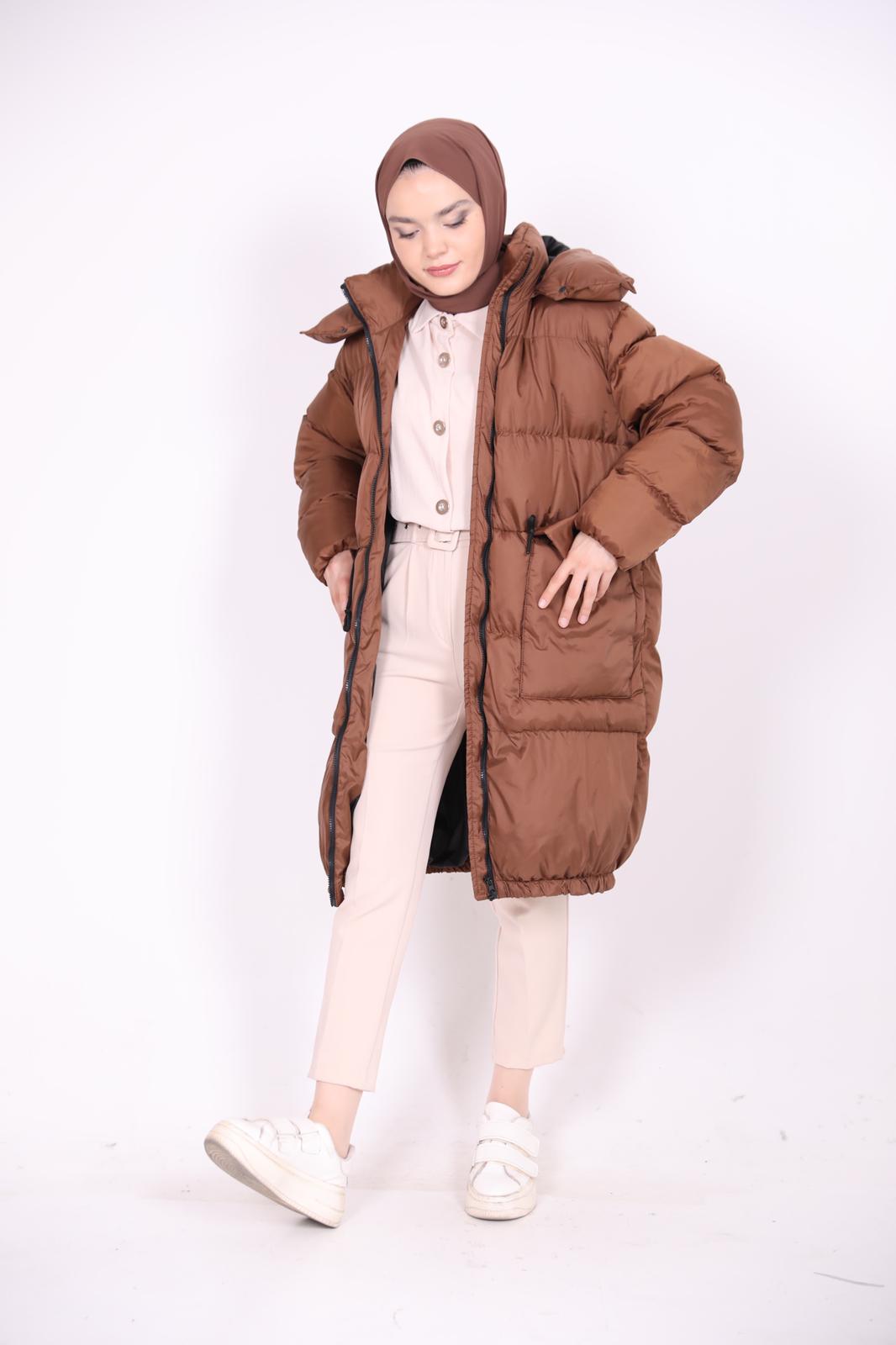 Puffer Jacket with Elastic Skirt Brown