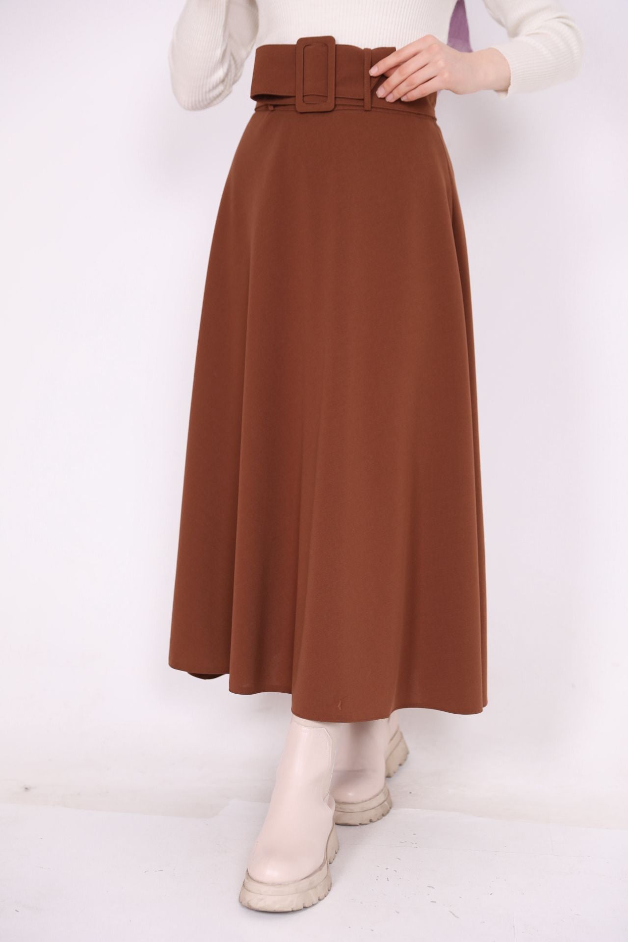 Belted Crepe Fabric Kiloş Skirt Brown