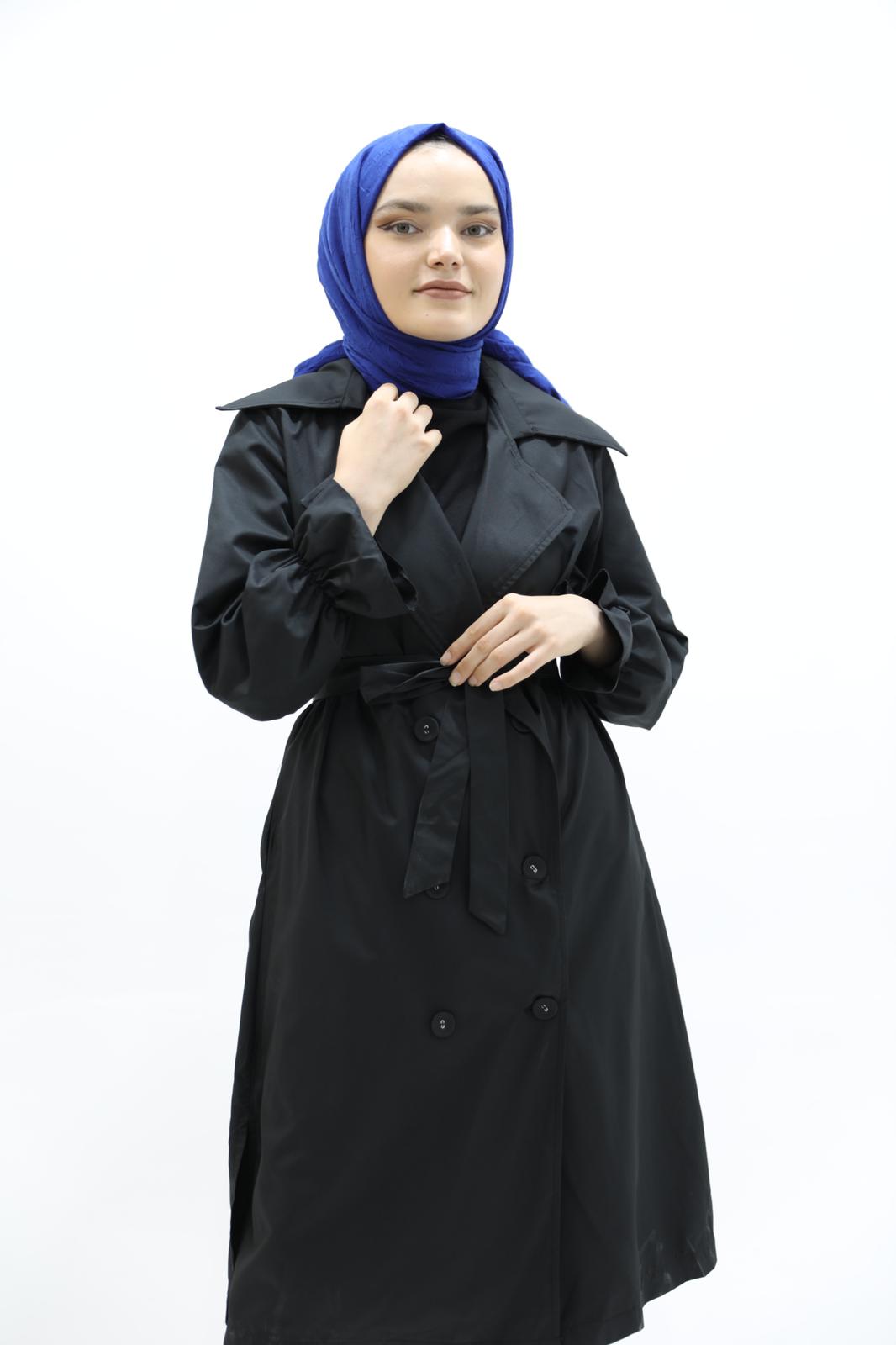 Black Trench with Slit Detail and Elastic Sleeves