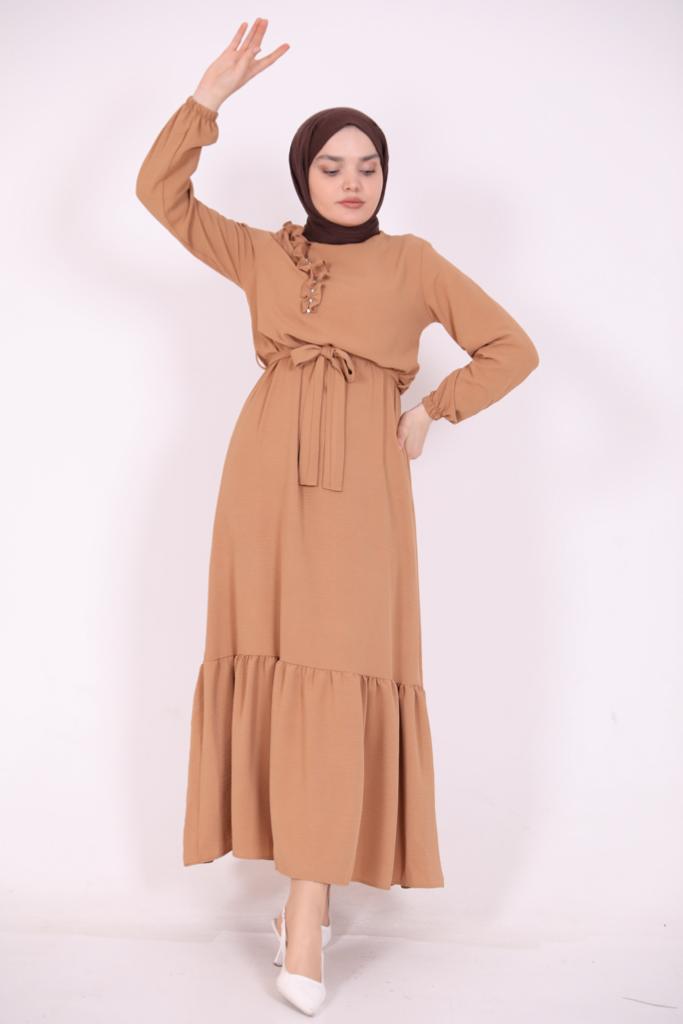 Ruffle Detailed Stone Dress Camel