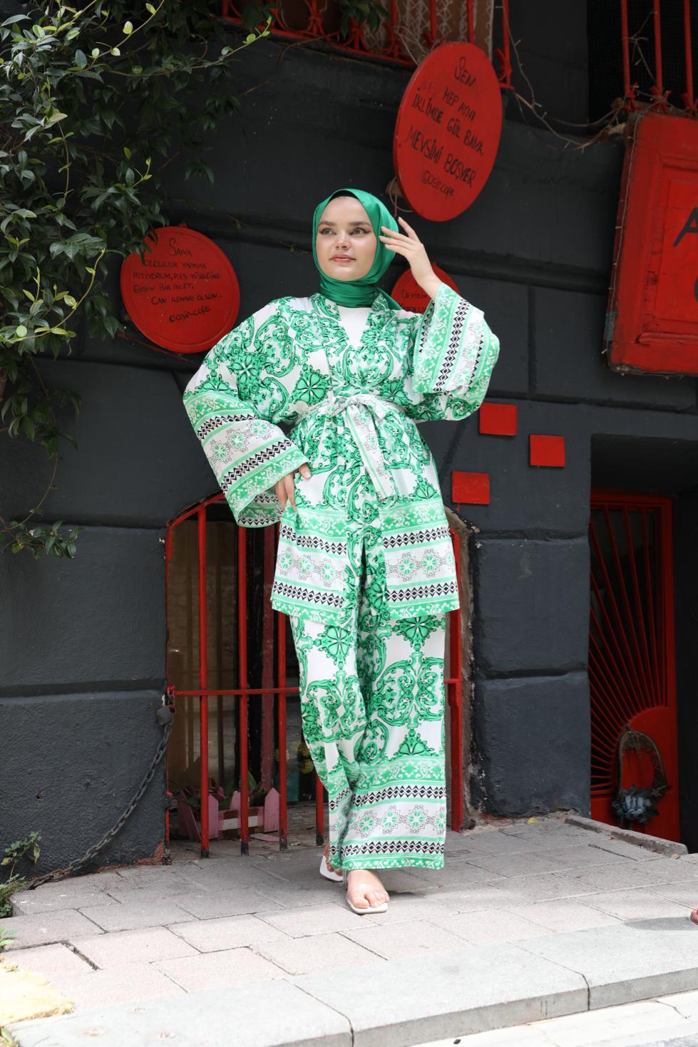 Desenli Kuşaklı Kimono Takım Yeşil