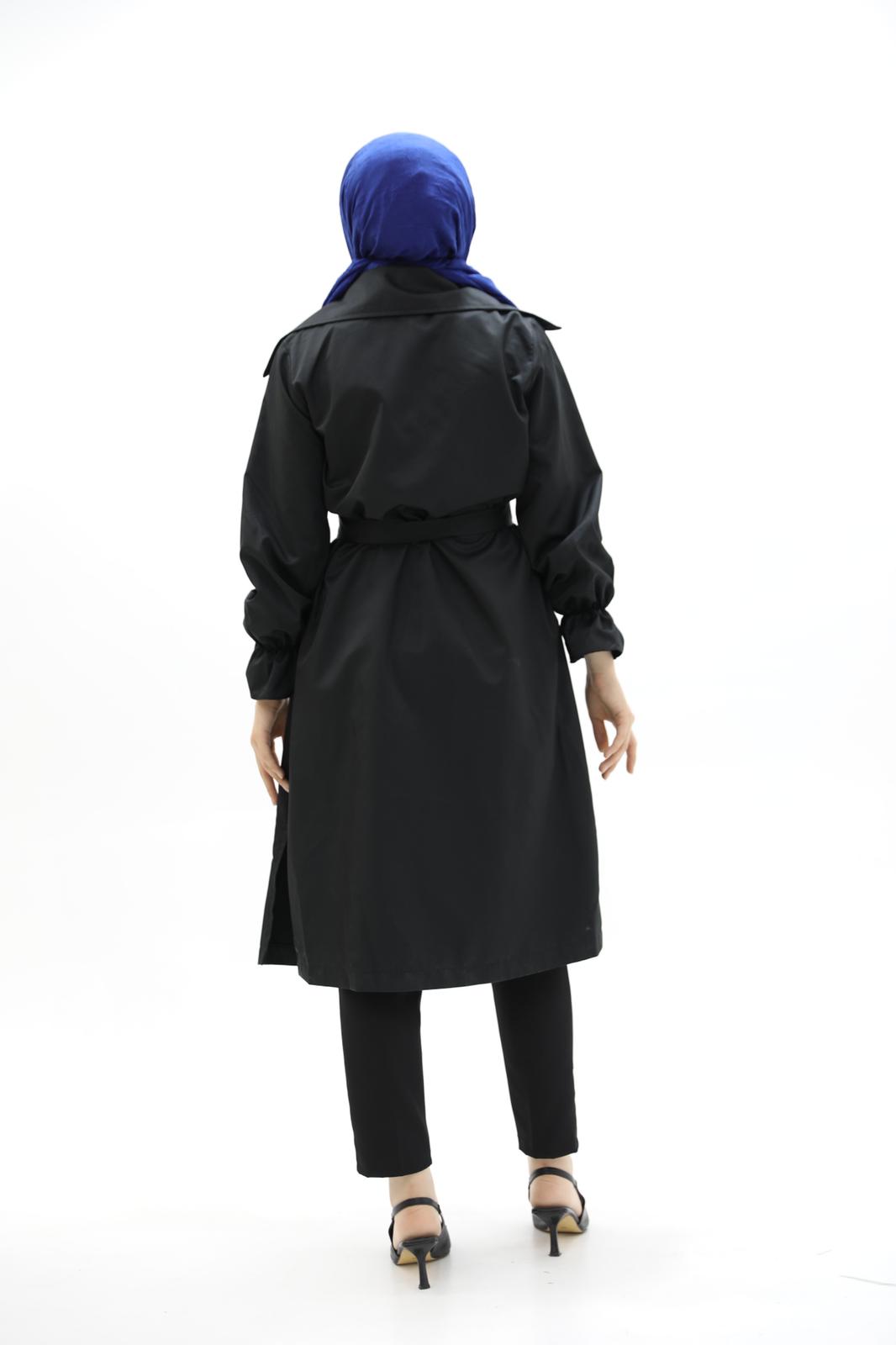 Black Trench with Slit Detail and Elastic Sleeves