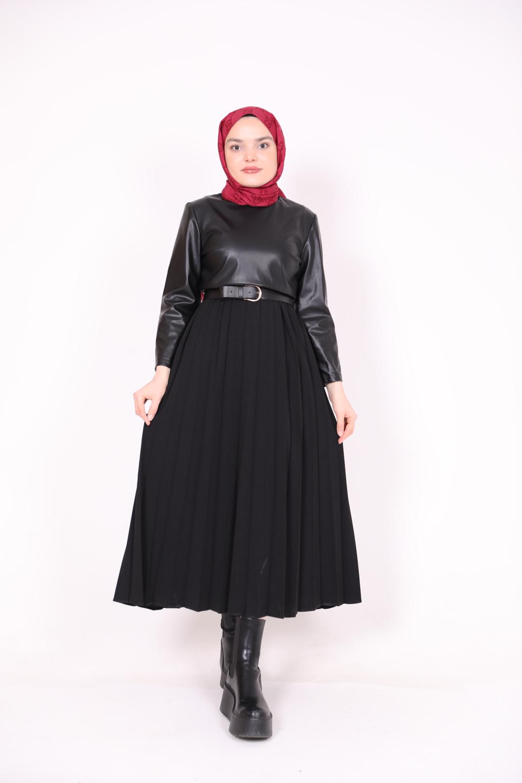 Leather Detailed Pleated Dress Black