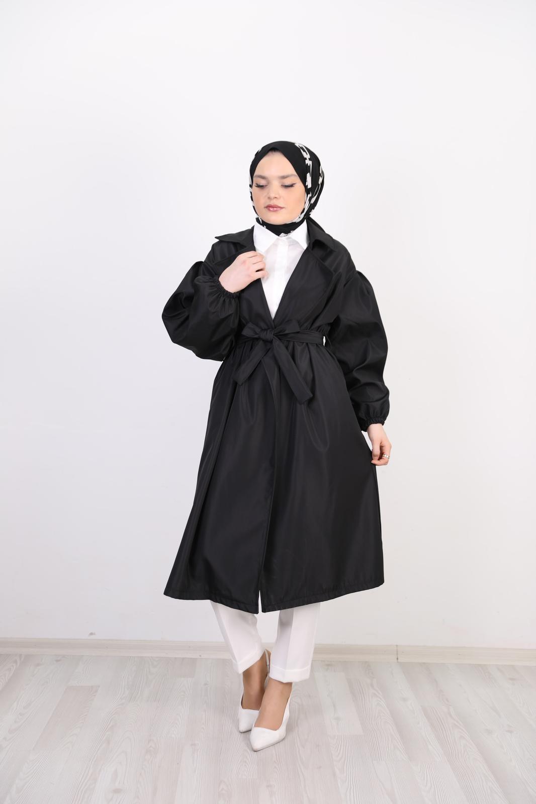 Balloon Sleeve Belted Trench Black