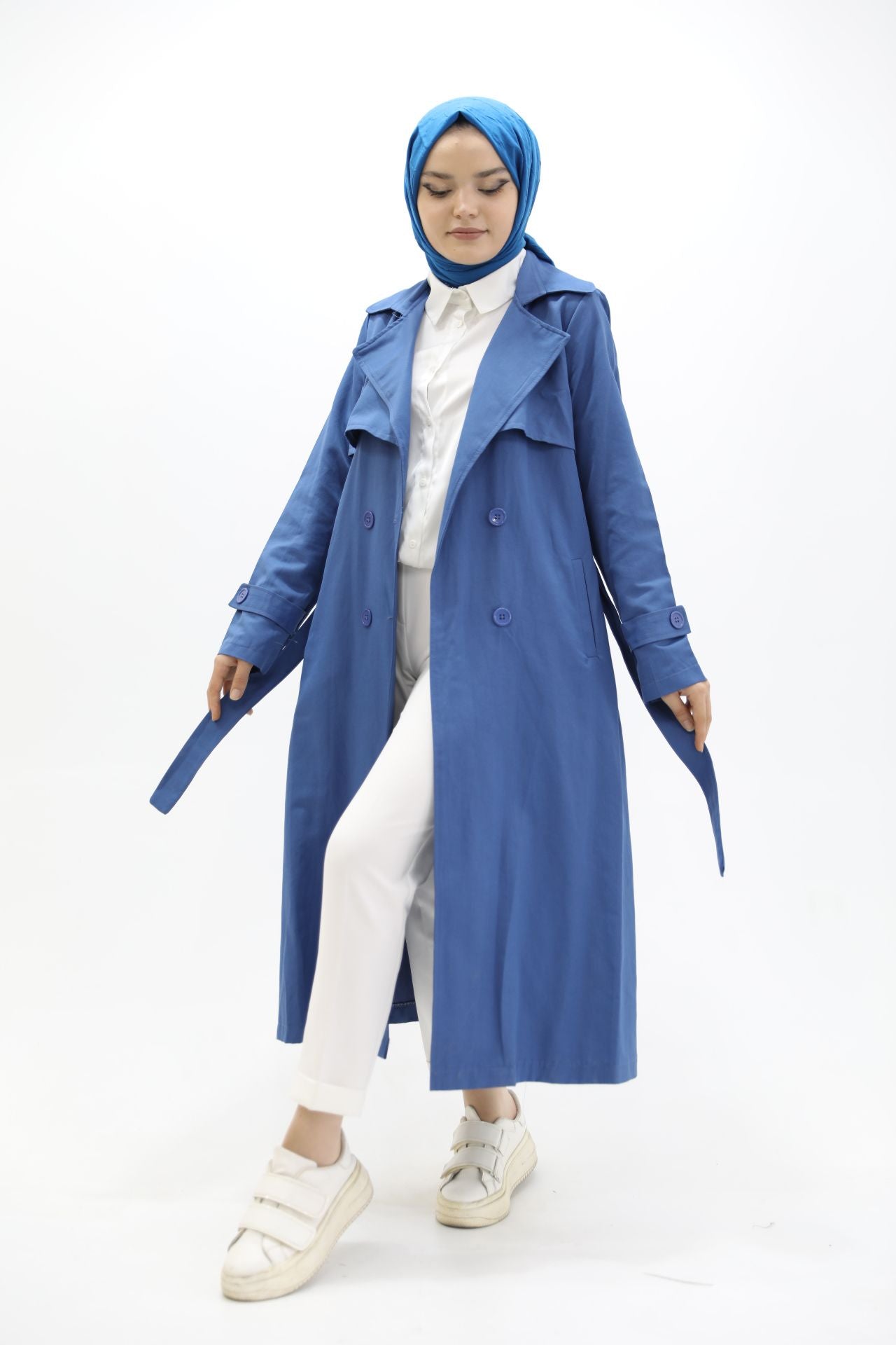 Button and Waist Lace Trench Blue