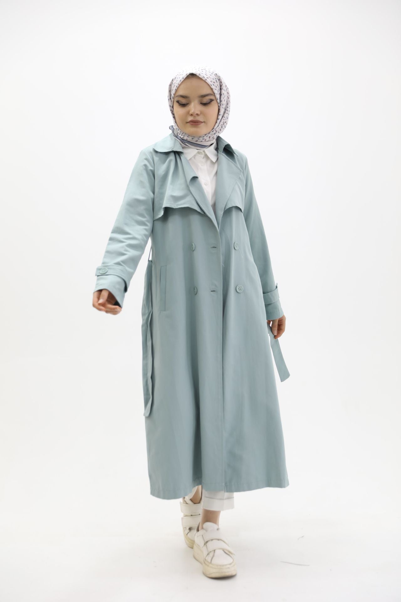 Button and Waist Lace Trench Ice Blue
