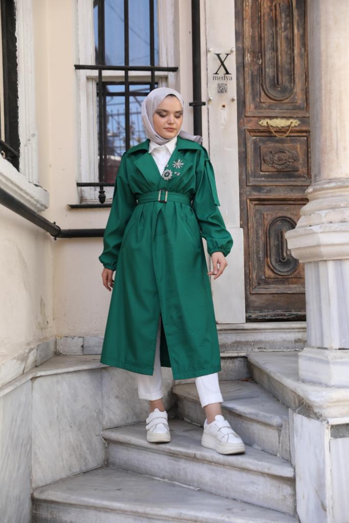 Stoned Collar Trench Green