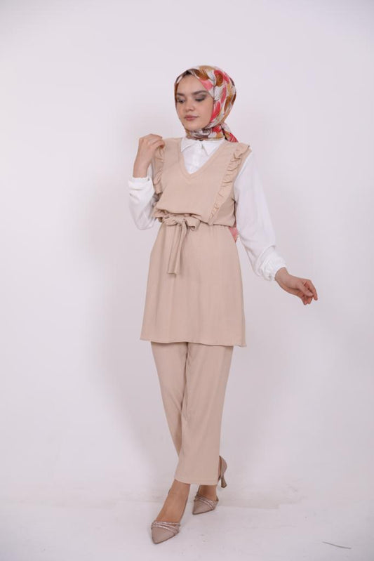 Frilly Front Shirt Detailed Suit Beige